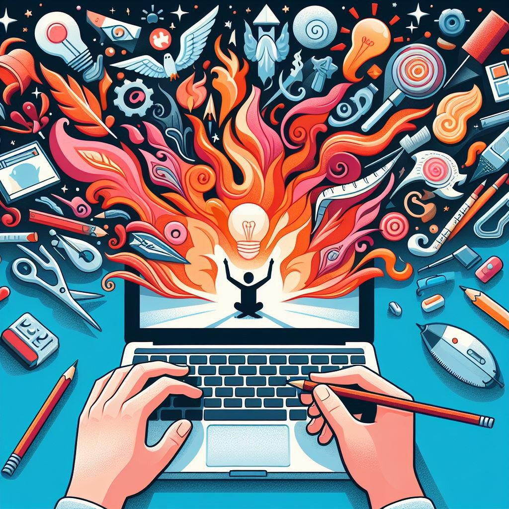 copywriting graphic with laptop exploding with creative ideas.