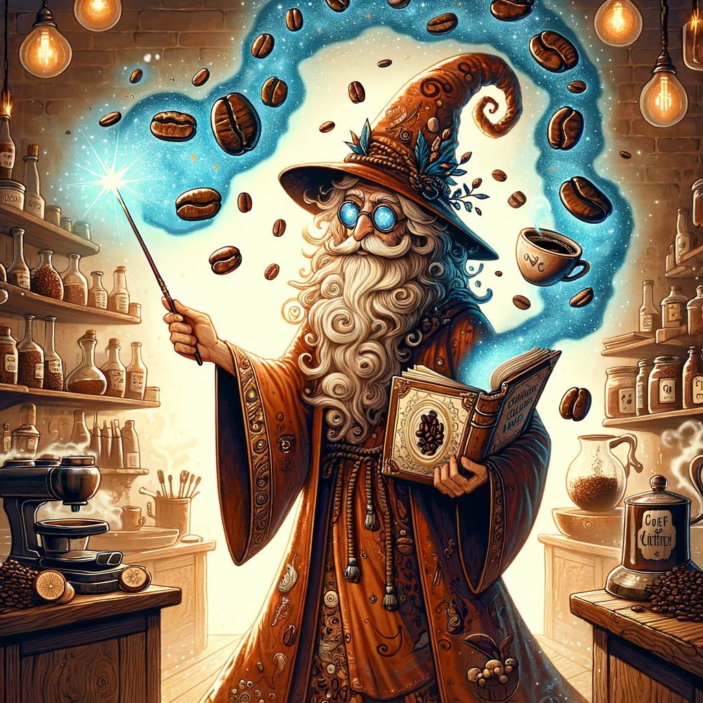 Coffee Wizard conjuring coffee beans and cups