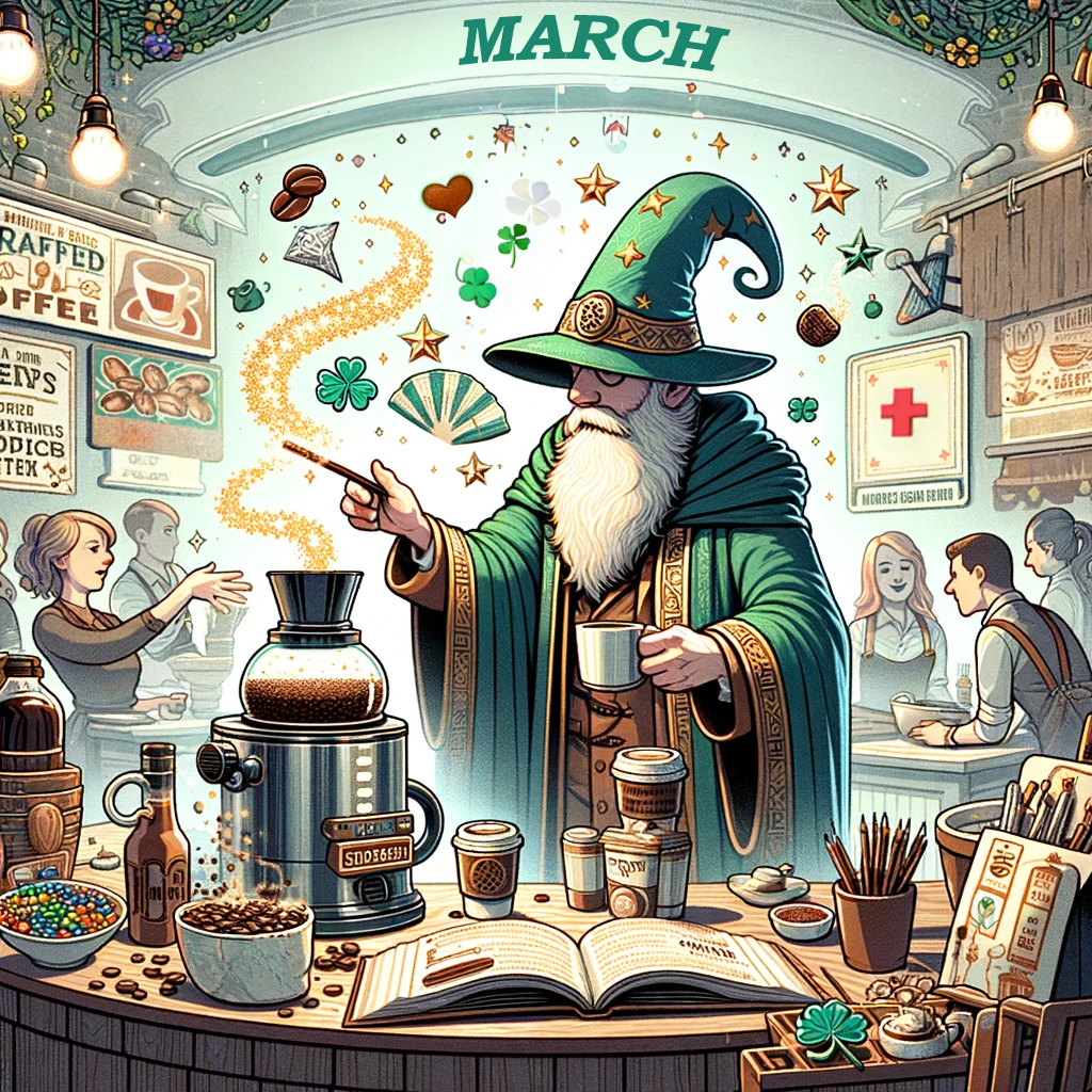 coffee wizard in green robes in coffee shop marketing for march