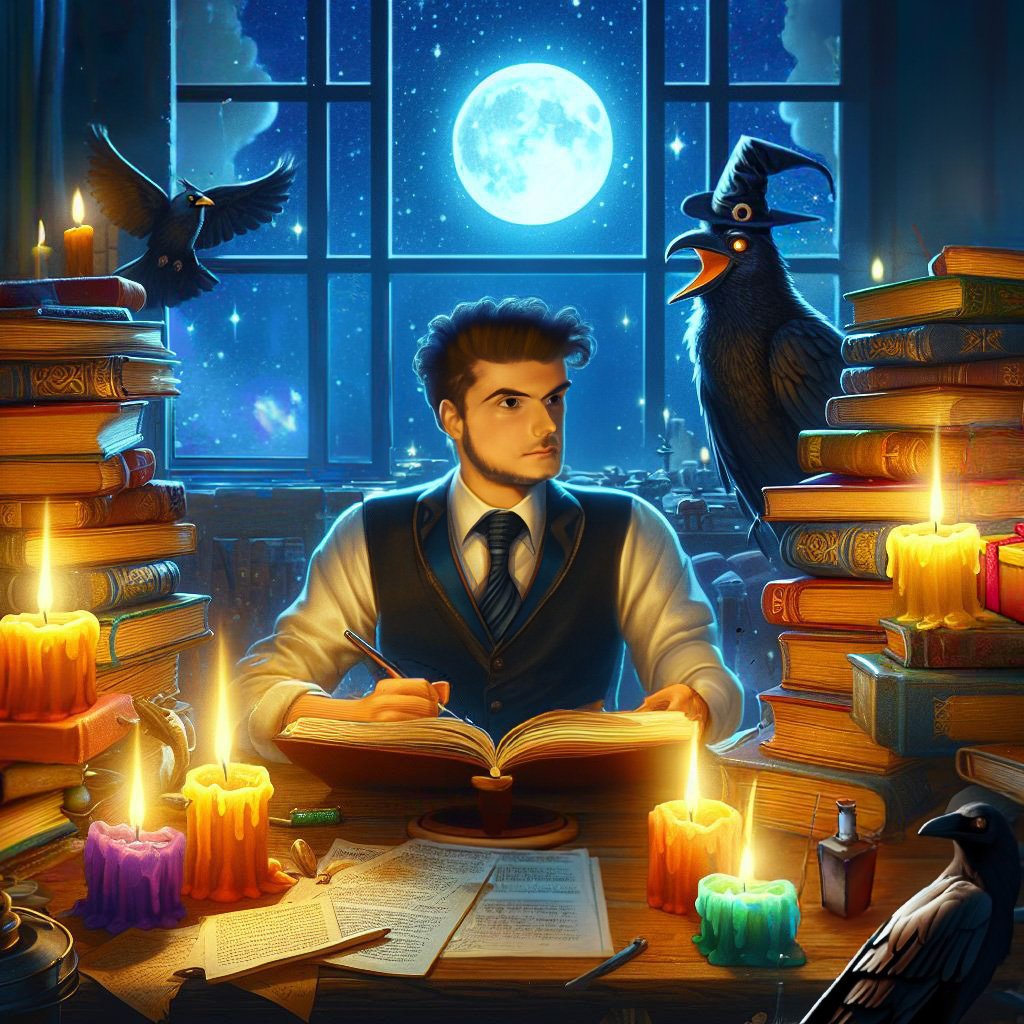 Writer Maven Raven during the witching hours with his raven friends.