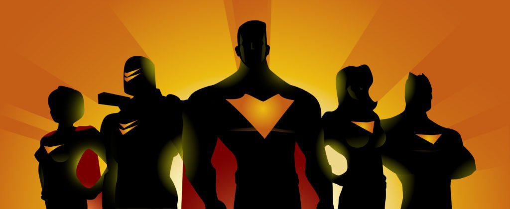 Generic silhosilhouette of five heros against an orange and yellow backdrop.