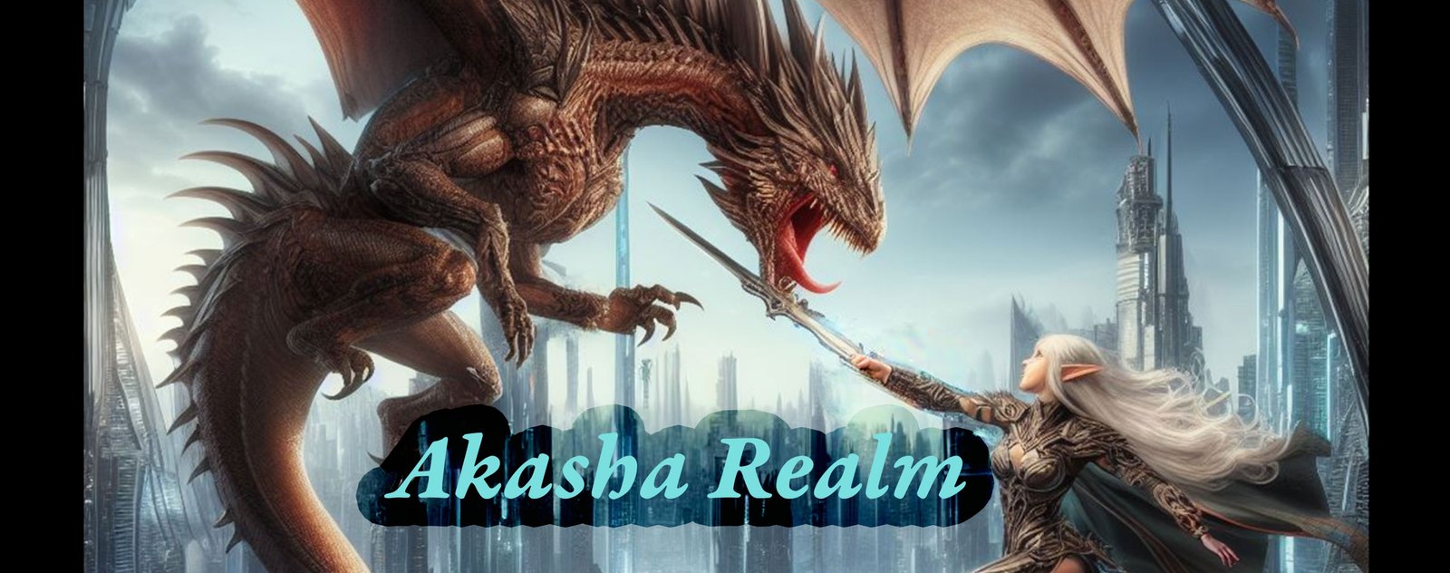 Akasha Realm science fantasy future city with elf warrior woman fighting a dragon.