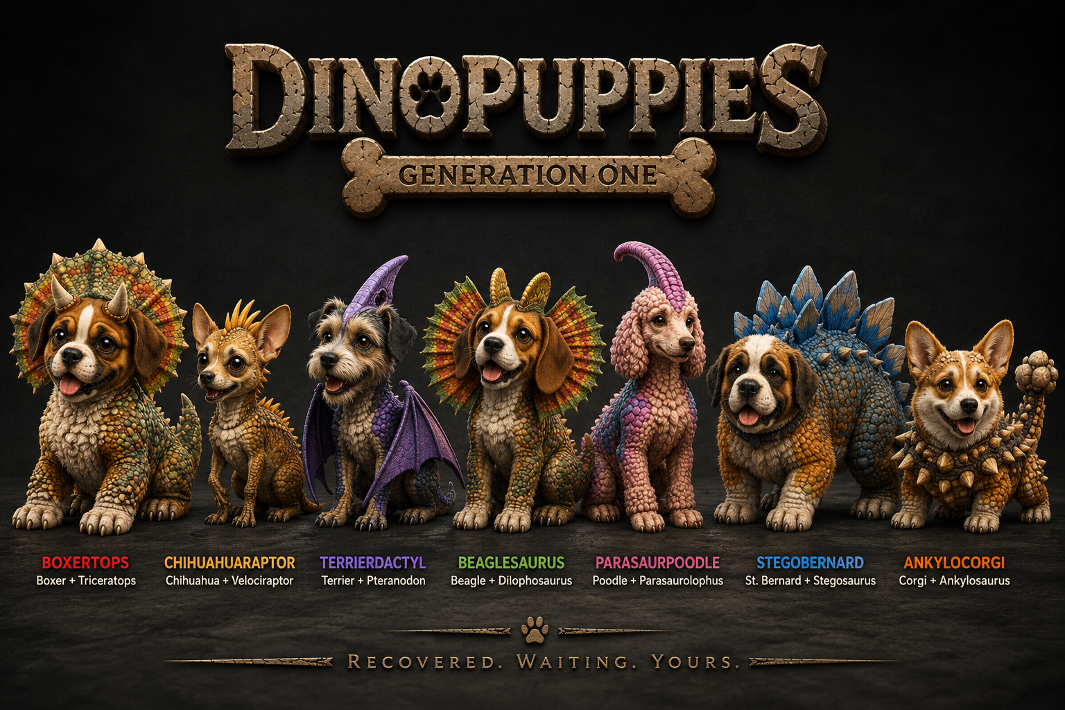 Ankylocorgi, Beaglesaurus, Boxertop, Chihuahuaraptor, Parasaurpoodle Stegobernard, and Terrierdactyl.